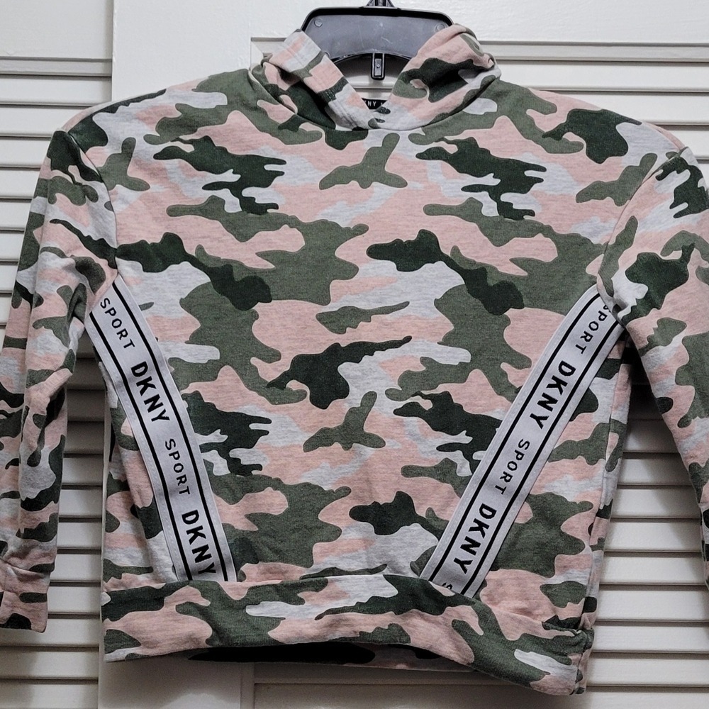 DKNY Pink and Sage Green Camo Cropped Hoodie with White Logo Girls  Size 7